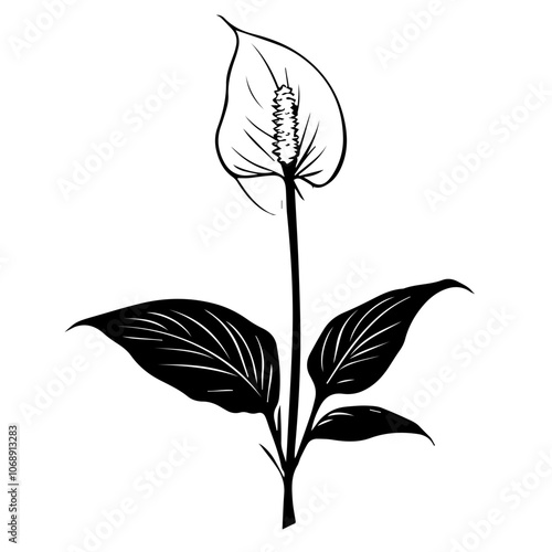 Elegant peace lily plant design with graceful leaves and flower featuring unique details, perfect for botanical illustrations and nature-inspired artwork