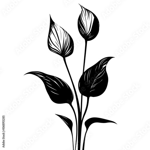 Elegant depiction of a peace lily with distinct leaves and smooth lines, showcasing nature's beauty in a minimalist style for modern decor enthusiasts