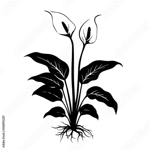 Elegant peace lily illustration featuring multiple leaves and blooms against a minimalist backdrop, capturing the essence of tranquility and natural beauty