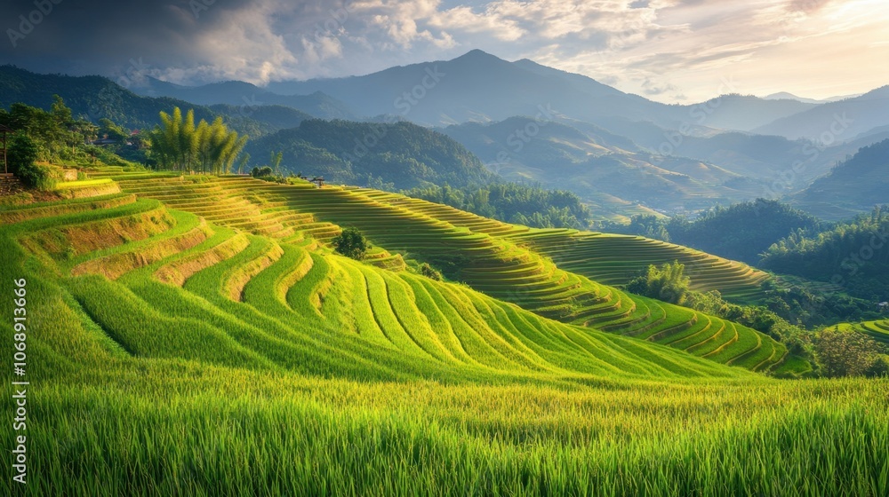 Serene Green Rice Terraces with Majestic Mountains Serene Green Rice Terraces with Majestic Mountains
