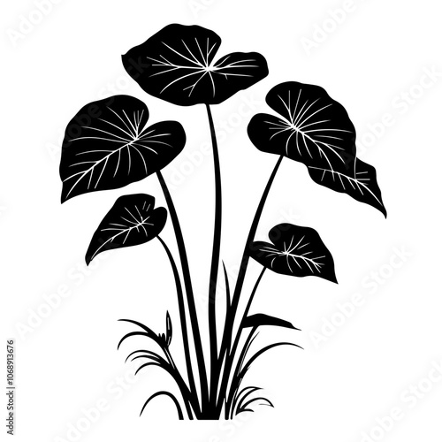 Elegant black silhouette of leafy tropical plants showcasing intricate leaf patterns and varied heights, creating a striking focal point in nature-inspired design