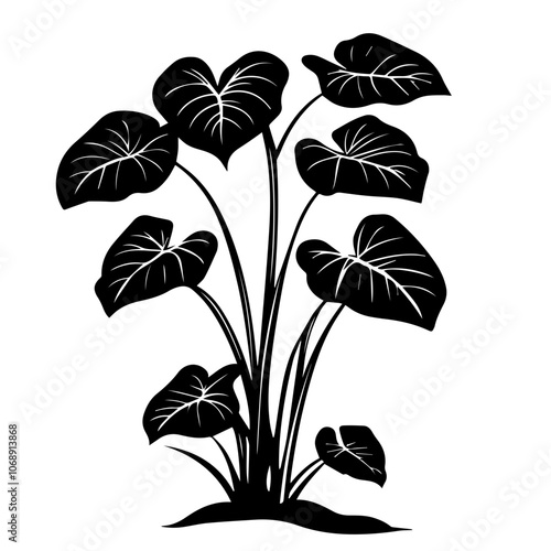 A lush illustration of a tropical plant with broad, heart-shaped leaves showcasing vibrant detailing and a natural, organic feel