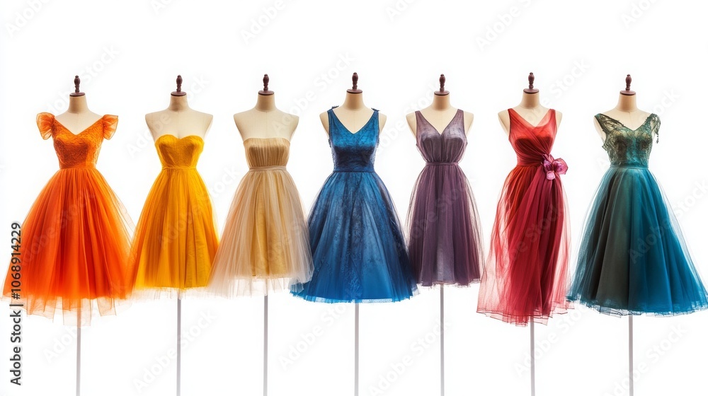 Colorful sleeveless dresses displayed on ghost mannequins; isolated on white Colorful sleeveless dresses displayed on ghost mannequins; isolated on white
