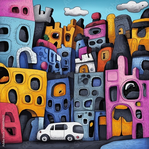 Colorful abstract town illustration.