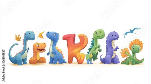 Fototapeta Naklejka Na Ścianę i Meble -  Cute, colorful dinosaur illustrations and Dino-themed alphabet with numbers; a playful learning tool for preschoolers. -