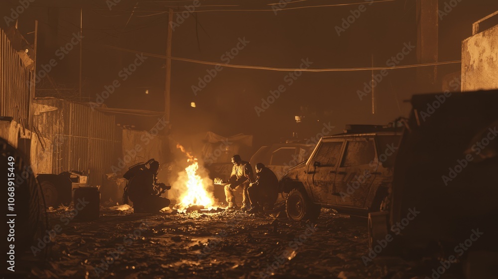 Survivors of the Wasteland - Scavengers Sharing Stories Around a Fire in a Post-Apocalyptic Dieselpunk World Survivors of the Wasteland - Scavengers Sharing Stories Around a Fire in a Post-Apocalyptic Dieselpunk World