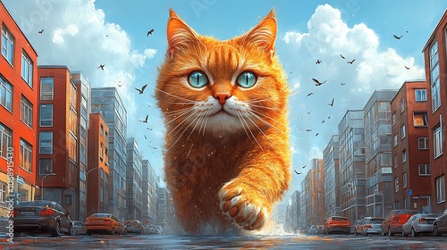 A giant orange tabby cat walks down a city street, with cars and buildings dwarfed by its size.
