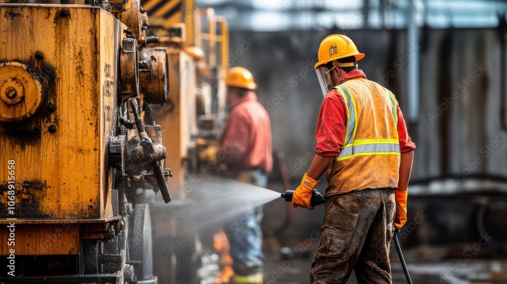 Workers Cleaning Machinery at Industrial Site Workers Cleaning Machinery at Industrial Site
