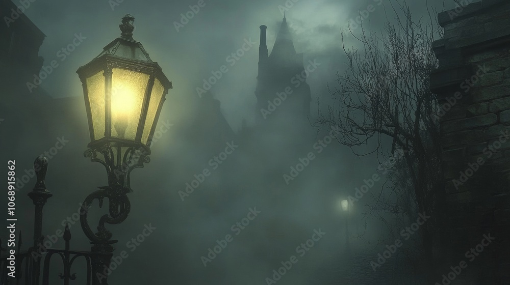 Eerie Halloween night scene with fog, an antique street lamp, and spooky vibes Eerie Halloween night scene with fog, an antique street lamp, and spooky vibes