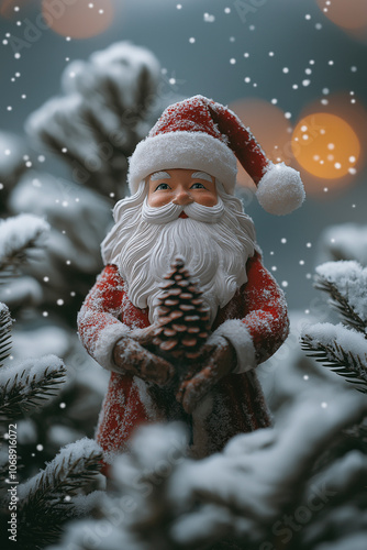 3d Santa Claus figurine. Artificial snow. Isolated background photo