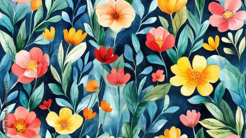 Wallpaper Mural Seamless watercolor pattern featuring vibrant bouquet of wildflowers and lush spring leaves ideal for fabric and wallpaper design Torontodigital.ca