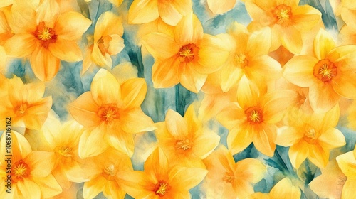 Seamless watercolor pattern featuring vibrant yellow narcissus bouquets ideal for textile and wallpaper design