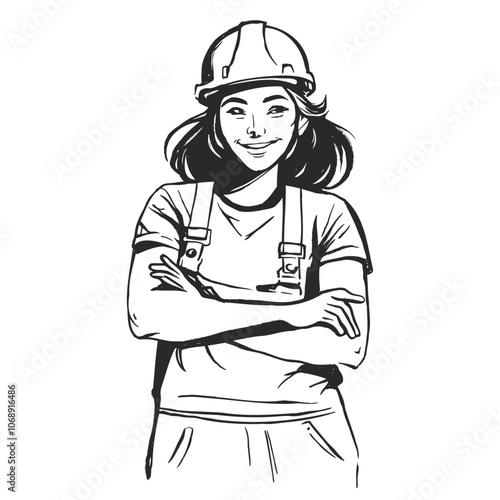 Girl worker wearing a safety helmet and overalls with their arms crossed