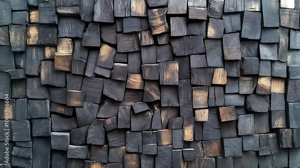 A wall made of black and brown wood, with the wood arranged in squares and rectangles, creating a textured surface. A wall made of black and brown wood, with the wood arranged in squares and rectangles, creating a textured surface.