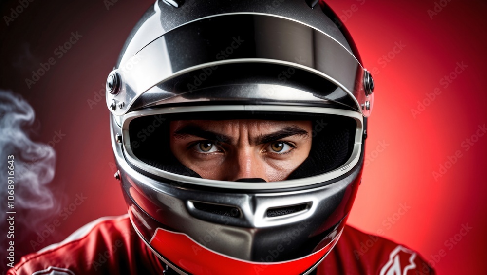 Intense Young Male Racer in Metallic Helmet Intense Young Male Racer in Metallic Helmet