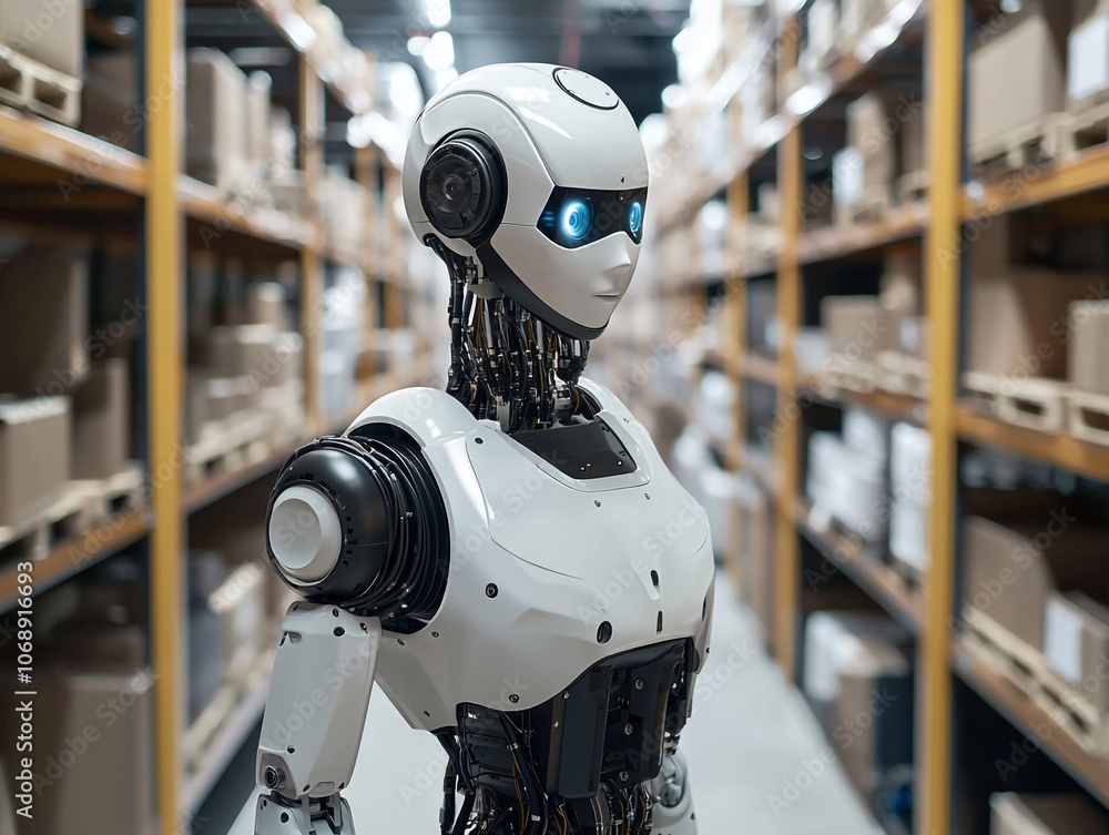 Fototapeta premium Humanoid robots improve logistics by automating warehouse operations. 