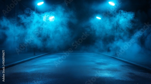 Empty dark street with spotlights and blue tones, studio-like texture with floating smoke; an isolated night view. -