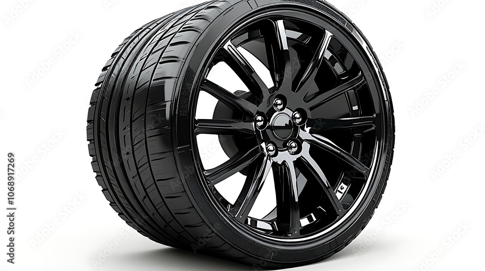 Black Car Tire with Rim Isolated on White Background Black Car Tire with Rim Isolated on White Background
