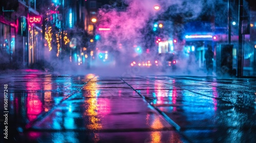 Empty nighttime street scene, neon lights reflecting on wet pavement and smoke-filled atmosphere; abstract and mysterious. 