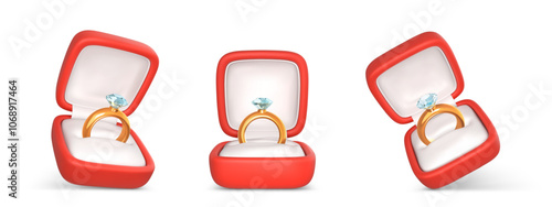 Engagement rings with precious stone in open boxes. Wedding gold ring and diamond in red case. Accessory for marriage proposal. Vector illustration