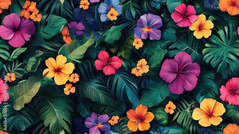 Vibrant seamless pattern featuring blooming tropical flowers amidst a lush jungle backdrop ideal for fabric design and home decor Vibrant seamless pattern featuring blooming tropical flowers amidst a lush jungle backdrop ideal for fabric design and home decor
