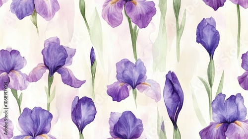 Seamless watercolor pattern featuring delicate irises on a soft background ideal for greeting card design