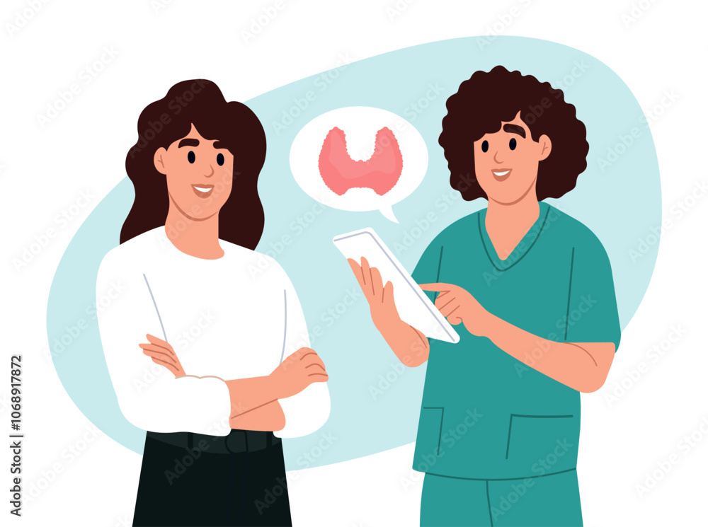 Endocrinologist deal with the diagnosis and treatment of the human thyroid. Thyroid awareness month is every year in January. Vector illustration in flat style Endocrinologist deal with the diagnosis and treatment of the human thyroid. Thyroid awareness month is every year in January. Vector illustration in flat style