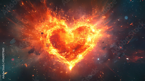 Glowing heart amid cosmic explosion. Cosmic. Illustration