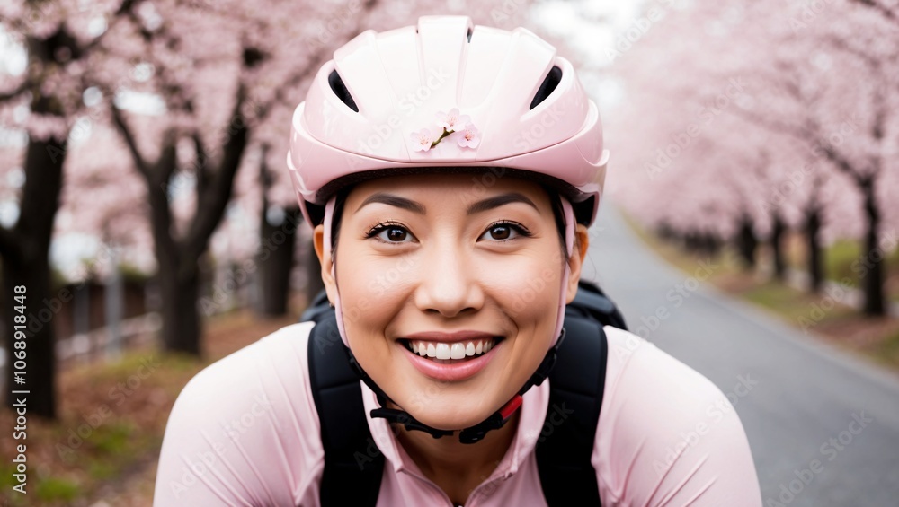 Playful Cyclist in Japanese Cherry Blossom Path Playful Cyclist in Japanese Cherry Blossom Path
