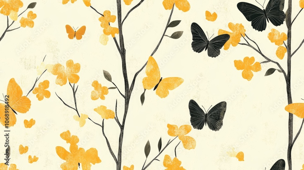 Floral seamless pattern featuring abstract butterflies flowers and leaves on vertical branches ideal for wallpapers or home textiles vintage design Floral seamless pattern featuring abstract butterflies flowers and leaves on vertical branches ideal for wallpapers or home textiles vintage design