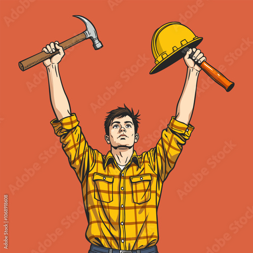 Illustration of Joyful Builder with Tools Held High