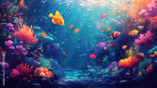 A vibrant underwater scene with colorful coral reefs, fish, and sunlight streaming down.