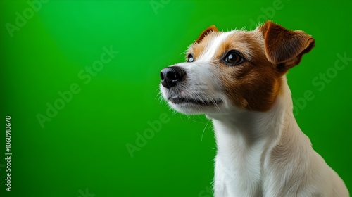 Portrait of a dog on a green background in the studio. Dog with green screen, chroma screen background image. Dog Studio photo, image . Concept for animal, zoology and capture for adverb. and banner