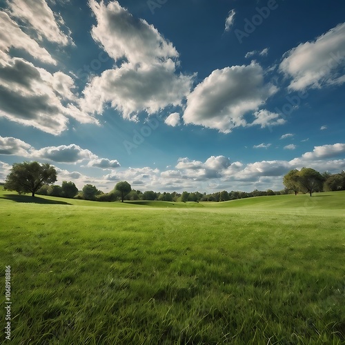 Sunny green field with scattered trees and clouds