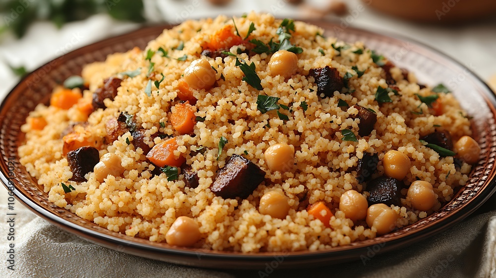 Closeup of Couscous with Chickpeas Carrots and Parsley Closeup of Couscous with Chickpeas Carrots and Parsley