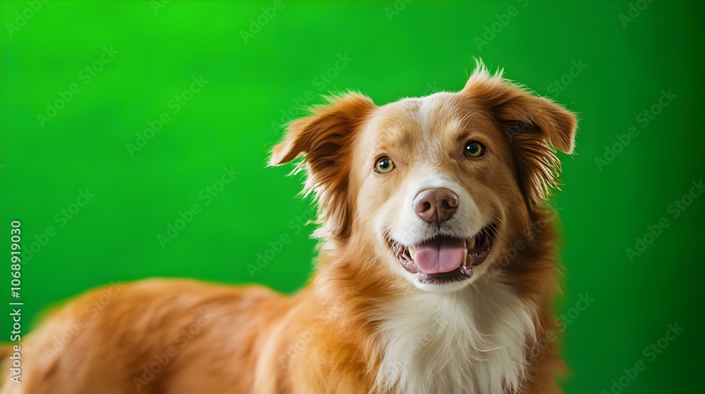Portrait of a dog on a green background in the studio. Dog with green screen, chroma screen background image. Dog Studio photo, image . Concept for animal, zoology and capture for adverb. and banner Portrait of a dog on a green background in the studio. Dog with green screen, chroma screen background image. Dog Studio photo, image . Concept for animal, zoology and capture for adverb. and banner