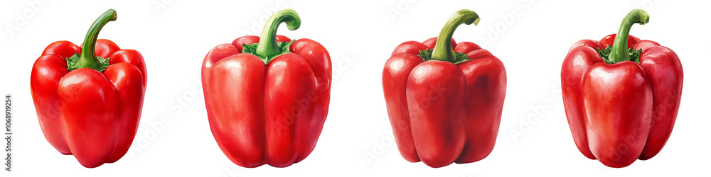 Four distinct red bell peppers showcasing vibrant color and smooth texture. Four distinct red bell peppers showcasing vibrant color and smooth texture.