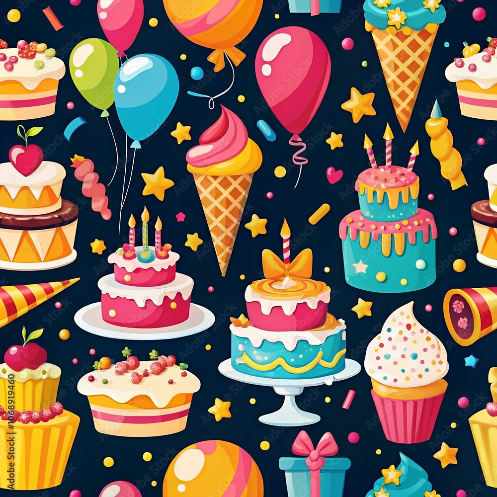 Colorful birthday party elements with cakes and balloons Colorful birthday party elements with cakes and balloons