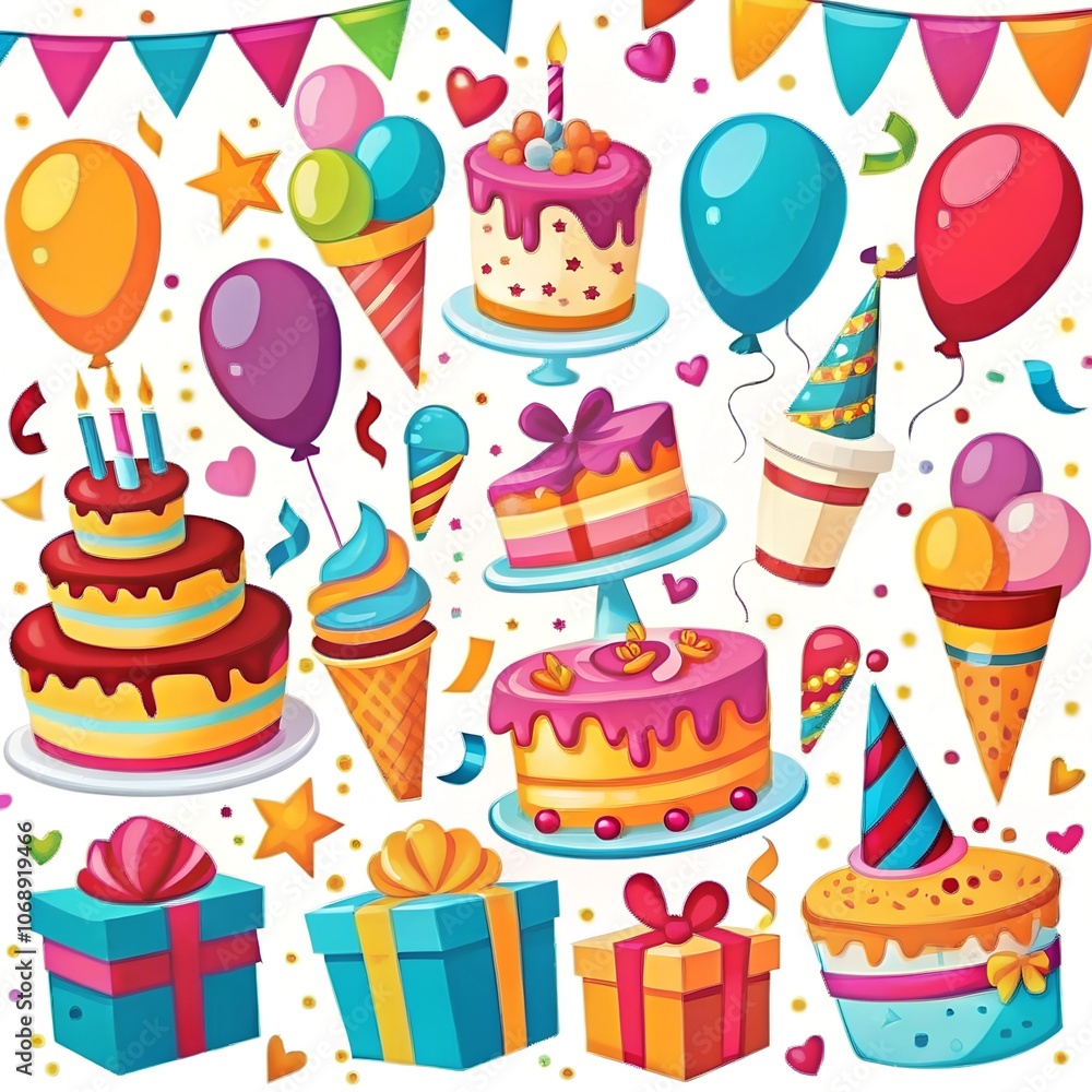 Colorful birthday party elements with cakes and balloons Colorful birthday party elements with cakes and balloons