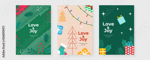 Festive Holiday Cards with Love and Joy Themes. Set of three festive holiday cards featuring love and joy themes with ornament designs. Perfect for spreading cheer during the holiday season