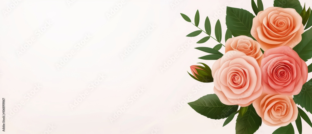 Naklejka premium A delicate bouquet of soft pink roses accented with greenery, set against a light background, perfect for floral arrangements or decorations.