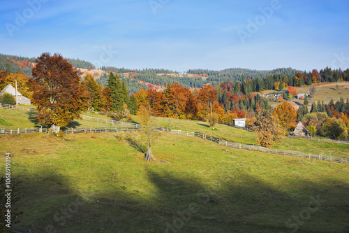 mountainous rural landscape of romania in autumn. field behid the wooden fence. sunny evening. transylvania scenery in fall season. forest on the hill photo