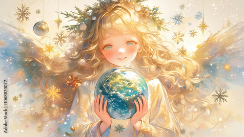 Christmas smiling angel holding planet Earth in her hands.  Take care about planet. Watercolor illustration. photo