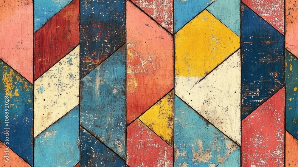 Fototapeta premium Geometric repeating pattern featuring a distressed texture and vibrant colors ideal for modern textile designs