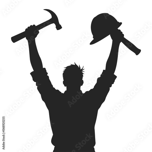 Silhouette of Joyful Builder with Tools Held High