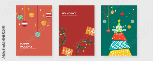 Festive Holiday Cards With Christmas Ornaments. Set of four holiday cards featuring Christmas ornaments and festive decorations. Perfect for celebrating the joyful moments of the season