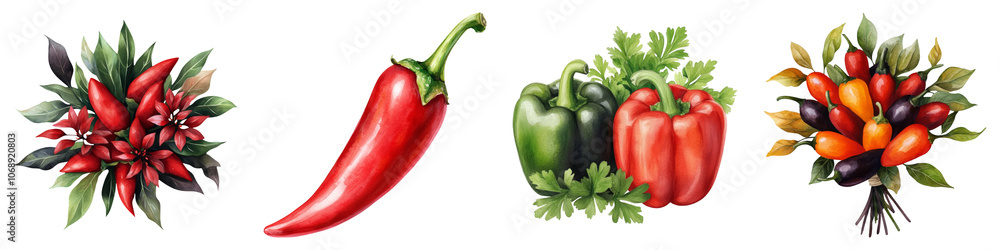 A vibrant array of colorful peppers and herbs, showcasing red, green, and yellow varieties arranged artistically. A vibrant array of colorful peppers and herbs, showcasing red, green, and yellow varieties arranged artistically.