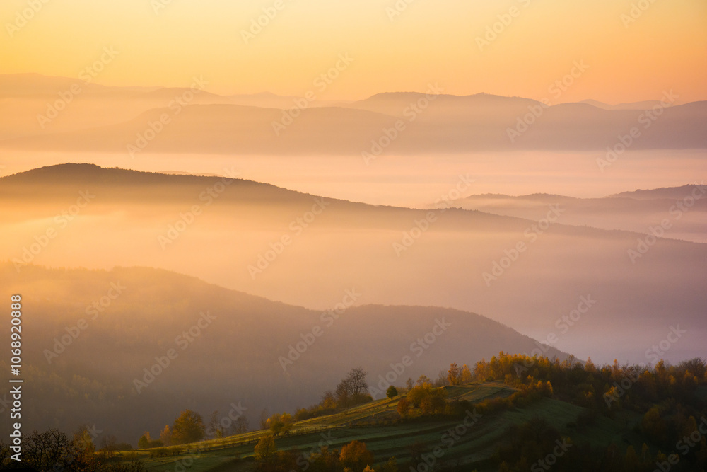 mountainous landscape with fog in the valley. autmn environment. sunny morning. countryside scenery in fall season. glowing mist between rolling hills. outdoor nature background