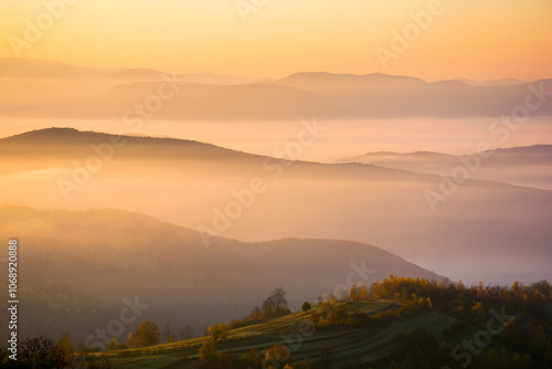 Obraz na płótnie mountainous landscape with fog in the valley. autmn environment. sunny morning. countryside scenery in fall season. glowing mist between rolling hills. outdoor nature background w salonie