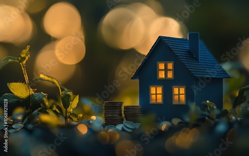Wallpaper Mural A professional photograph of a blue house model with a stack of coins in front, bokeh effects creating a dreamy, blurry background Torontodigital.ca
